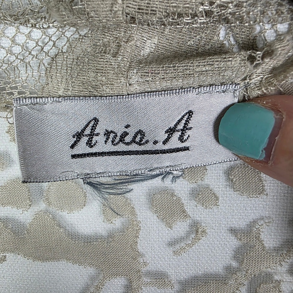 Ania A Floral Lace Mesh Open Front Duster Cardigan‎ Champagne Taupe 3/4 Sleeve - Picture 4 of 6